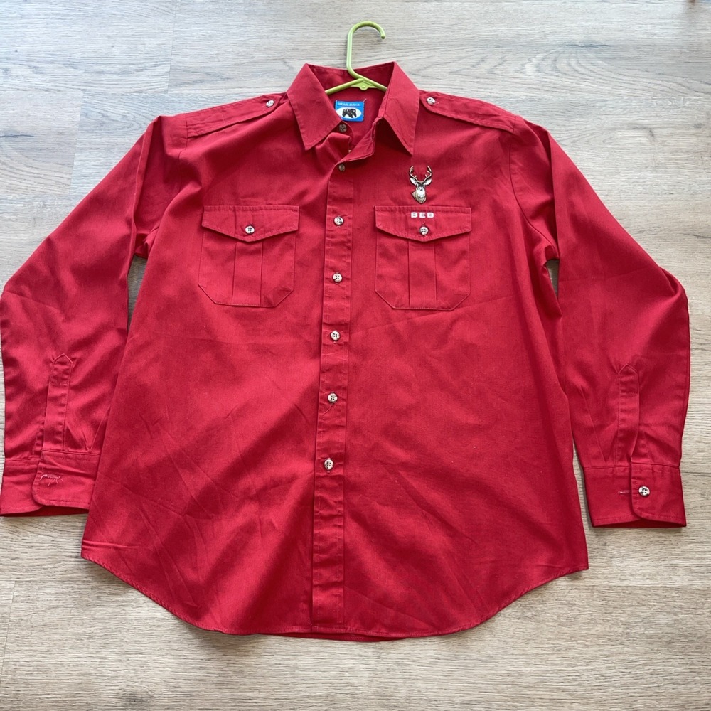 Vintage Beatles Back Red Button Up Utility  Shirt Men's Wildlife Embroidery